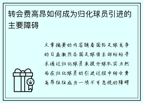 转会费高昂如何成为归化球员引进的主要障碍 转会费高昂如何成为归化球员引进的主要障碍